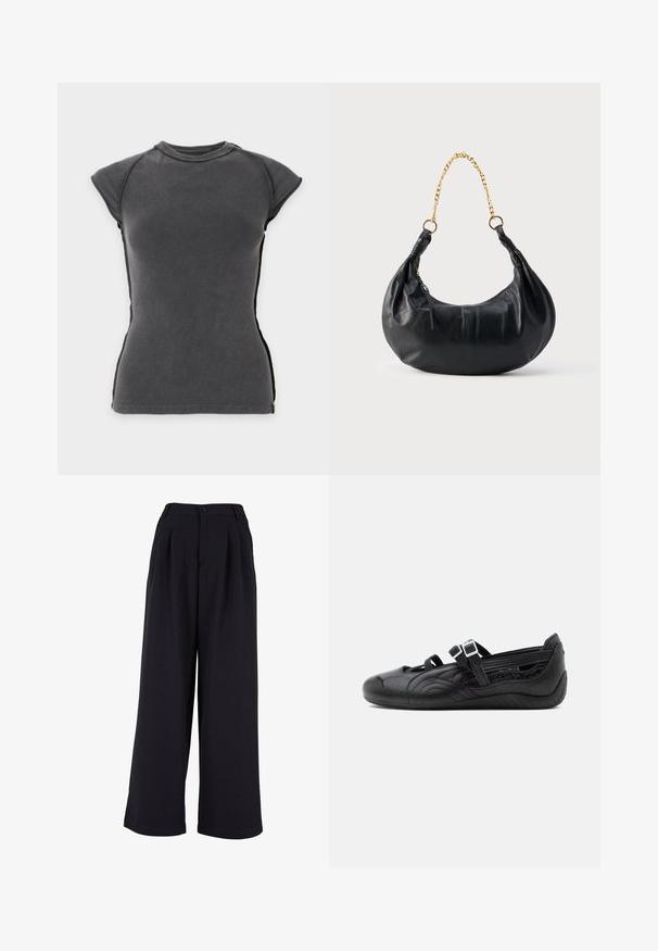 Haut ajusté côtelé gris foncé à manches courtes avec un col rond et des manches épaules légèrement allongées sur fond clair.; Pantalons à jambes larges en tissu noir, dotés de plis avant, d'une fermeture à bouton et d'une texture lisse. Design ajusté avec une taille haute.; Chaussure Mary Jane plate noire avec motif texturé, deux brides réglables à boucle, et semelle profilée basse sur fond uni.; Sac à main en cuir noir en forme de croissant avec une lanière chaîne en or et une fermeture éclair latérale.