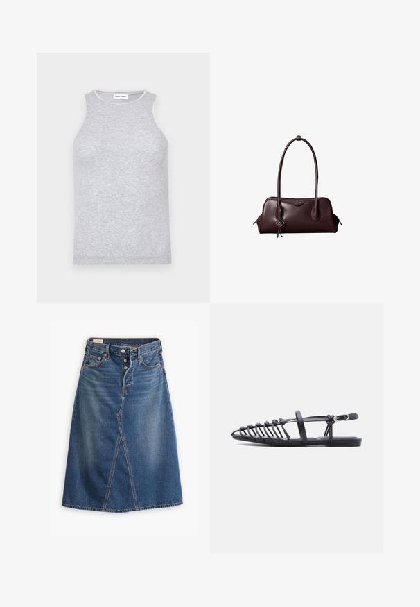 Top sin mangas de color gris, confeccionado en una tela de punto texturizada, con un escote redondo y un ribete en contraste alrededor del cuello.; Falda de mezclilla en tono azul medio con forma de Línea A, abertura delantera, cinco bolsillos y cierre de botones en la cintura.; Sandalia plana negra con múltiples tiras delgadas, correa con hebilla en el tobillo y diseño de jaula con punta abierta sobre fondo blanco.; Bolso de mano de cuero marrón oscuro Calvin Klein con asas dobles largas y un pequeño colgante con el logotipo colgando de una de las asas.