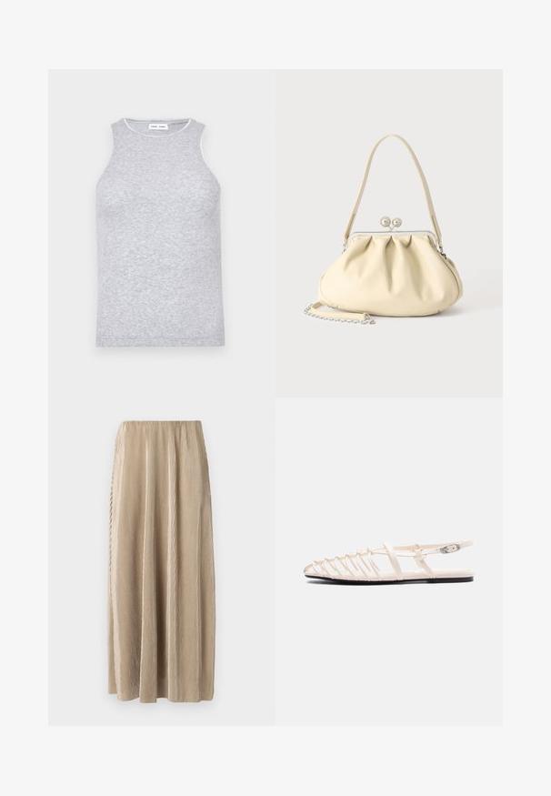 Hallita shirt, millel on hall värv ja mis on valmistatud tekstuuritud kudumiskangast. Seda iseloomustab ümmargune kaelus, mille ümber on kontrastne viimistlus.; Vaheline beež midi seelik, millel on elastne vöökoht, vertikaalsete triipudega ja voolava siluetiga, mis võimaldab mugavat liikumist.; Lame beež värvi sandaal mitme õhukese rihmaga, pahkluu pandla ja musta tallaga, nähtav külgvaates valgel taustal.; Kreemjas pehme nahast käekott kogutud disainiga, hõbedane raam-lukk, lühike käepide ja eemaldatav kettaga rihm.