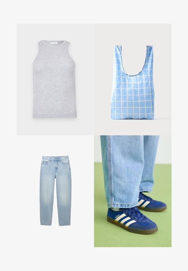 Grå ærmeløs top lavet af et tekstureret strikket stof, med en rund halsudskæring og en kontrastfarvet kant rundt om halsen.; Lyseblå jeans med høj talje og lige ben med forreste knap, lynlås lukning, bæltestropper og fem-lomme-design på hvid baggrund.; Blå ruskindsneakers med hvide striber og teksturerede mønstre, båret med lyseblå denimbukser, sat mod en grøn baggrund.; Blå genanvendelig indkøbsnet med hvidt gittermønster, stående oprejst på en ensfarvet lys baggrund.