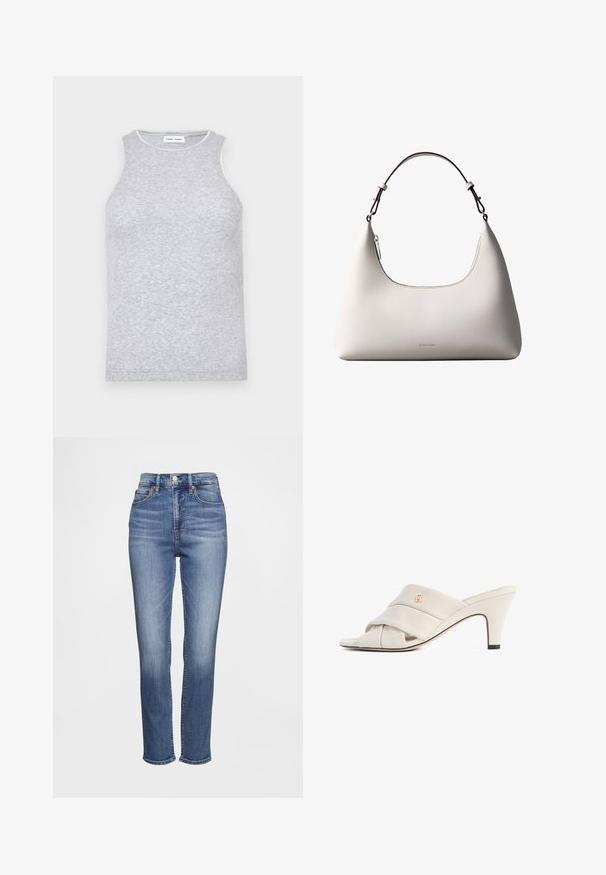 Grå ærmeløs top lavet af et tekstureret strikket stof, med en rund halsudskæring og en kontrastfarvet kant rundt om halsen.; Højtaljede blå jeans lavet af denim med et klassisk design med fem lommer, diskrete whiskering-detaljer og et lige ben-snit.; Beige højhælede mules med et snoet læderstropdesign, åben tå og præget logoaccent. Hælen har en sort spidsdetalje.; Cremefarvet skuldertaske i læder fra Calvin Klein med buet topkant, sølvfarvet lynlås og mørkebrun justerbar rem.