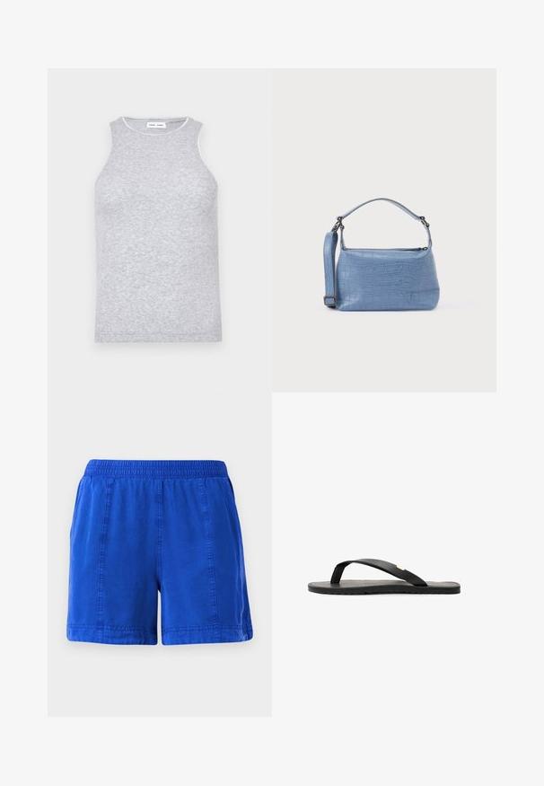 Graues, ärmelloses Top aus einem strukturierten Strickstoff, mit einem runden Ausschnitt und einem kontrastierenden Besatz um den Hals.; Blaue Baumwollshorts mit einem elastischen Bund, seitlichen Taschen und gesteppten Nähten, die eine glatte Textur und ein lässiges Design aufweisen.; Schwarze Flip-Flop-Sandale mit flacher Sohle, strukturiertem schwarzen Fußbett, glatten Riemen und einem kleinen goldenen Akzent nahe dem Zehensteg.; Hellblaue Handtasche mit Krokodilleder-Prägung, kurzem Griff und abnehmbarem Schulterriemen. Glatte Textur mit Reißverschlussverschluss.
