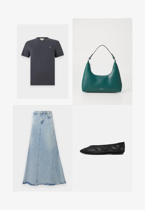 Camiseta de algodón de manga corta y cuello redondo en gris oscuro con pequeño logo blanco "cK" en el pecho izquierdo y etiqueta de marca en el interior del cuello.; Falda de mezclilla azul claro con forma acampanada en A, que cuenta con un cierre frontal de botones, pasadores para cinturón y detalles de costura visibles.; Zapato plano de malla negra con puntera cerrada y tacón bajo, con un diseño tejido transpirable y un logo lateral sutil.; Bolso de mano en color teal con forma curva y una correa para el hombro, presentando un sutil logo de Calvin Klein en la parte frontal sobre un fondo blanco liso.