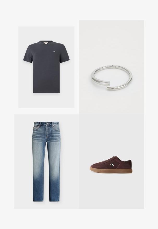 Donkergrijs katoenen T-shirt met korte mouwen en een ronde hals, met een klein wit "cK"-logo op de linkerborst en een merkembleem binnen in de kraag.; Blauwe jeans met rechte pijpen, een vervaagde wassing, vijfzakkenstijl en knoopsluiting in de taille.; Calvin Klein Sneakers laag - bordeaux; Calvin Klein SPIRAL - Armband - silver-coloured