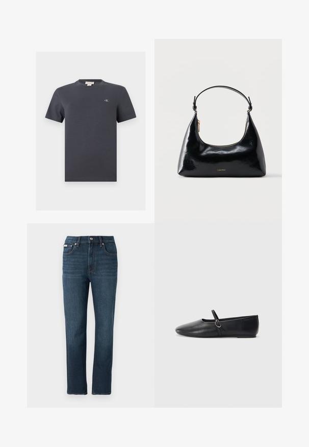 T-shirt en coton gris foncé à manches courtes et col rond, avec un petit logo blanc "cK" sur la poitrine gauche et une étiquette de marque à l'intérieur du col.; Jean en denim bleu foncé avec une coupe droite, poches avant, fermeture par bouton et détails de couture subtils sur la taille.; Ballerines noires en cuir avec un bout pointu, une semelle plate et une petite sangle avec un détail de boucle en argent.; Sac à main Calvin Klein noir brillant avec fermeture éclair dorée et anse courte sur fond blanc uni.