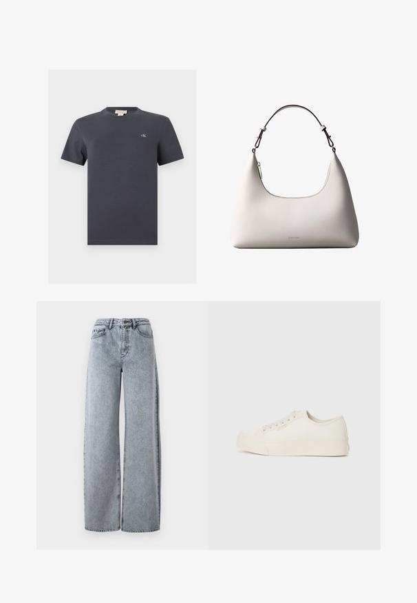 Mørkegrå kortærmet bomuld t-shirt med rund hals og lille hvid "cK" logo på venstre bryst samt mærke indeni kraven.; Lysvasket denim brede bukser med høj talje, der har forlommer, bæltestropper og kontrastsyninger.; Sneakers lavet af off-white canvas, med et low-top design, rund tå og flad gummisål med diskrete syninger.; Cremefarvet skuldertaske i læder fra Calvin Klein med buet topkant, sølvfarvet lynlås og mørkebrun justerbar rem.