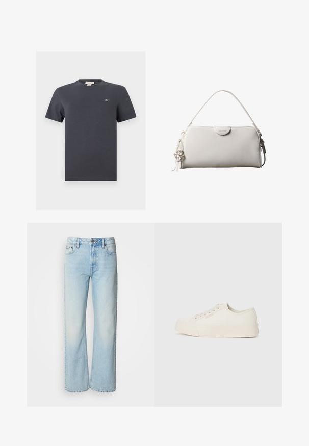 Dunkelgraues Baumwoll-T-Shirt mit kurzen Ärmeln und Rundhalsausschnitt, kleinem weißen "cK"-Logo auf der linken Brust und gebrandetem Etikett im Krageninneren.; Helle blaue weit geschnittene Jeans aus Denim, mit einem klassischen Fünf-Taschen-Design und einer dezenten, gewaschenen Textur. Die Denim-Nähte sind sichtbar.; Sneaker aus off-weißem Canvas, mit einem Low-Top-Design, runder Zehenpartie und flacher Gummisohle mit dezenten Nähdetails.; Weiße rechteckige Calvin Klein Handtasche mit einem einzelnen Henkel, minimalistischem Design und dekorativen Quasten mit geometrischem Metallanhänger an der Seite.