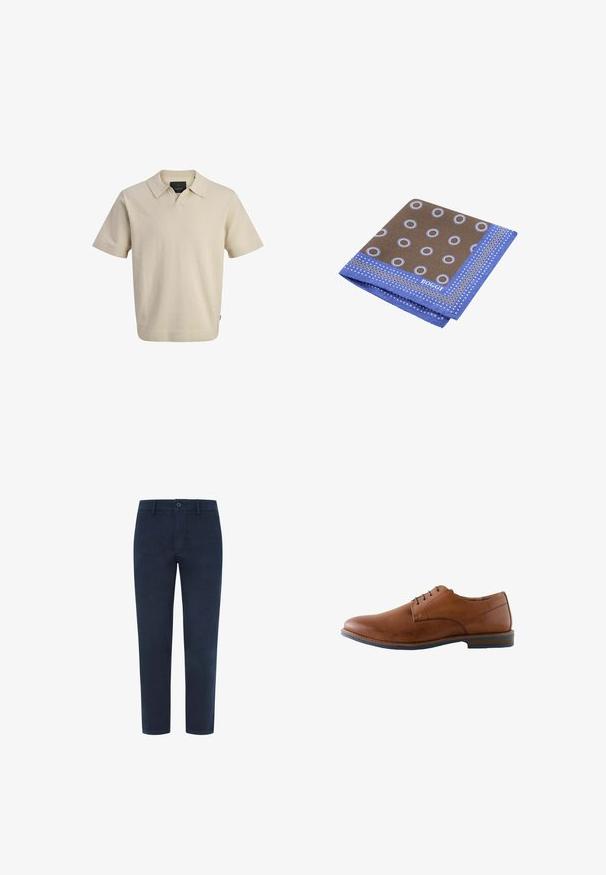 Lysebeige polo-shirt med korte ærmer, V-hals, ribbet krave og blød tekstur; har et lige snit og diskrete syningsdetaljer.; Marineblå bomulds-chinos med knaplukning, lige ben og en glat tekstur. Har sidelommer og en enkelt baglomme.; Brun lædersko til kjole med en glat finish, lav profil, rundet tå, minimal snøring og gummisål for godt greb.; Brunt og blåt lommetørklæde med cirkulære mønstre og prikket kant, foldet, mærket "Boggi Milano" i det ene hjørne.