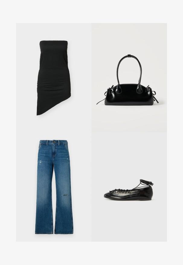 Mini vestido negro sin tirantes con tela texturizada y bajo asimétrico, silueta ajustada.; Jeans de mezclilla azul de piernas anchas con una textura desgastada, que presentan dos áreas desgastadas en la parte frontal, un cierre de botón y diseño de cinco bolsillos.; Zapatos planos tipo ballet de charol negro con punta redondeada, diseño con cordones y suela plana. Textura lisa con detalles mínimos.; Pequeño bolso negro brillante con dos asas largas y detalles de cordón lateral sobre un fondo claro liso.