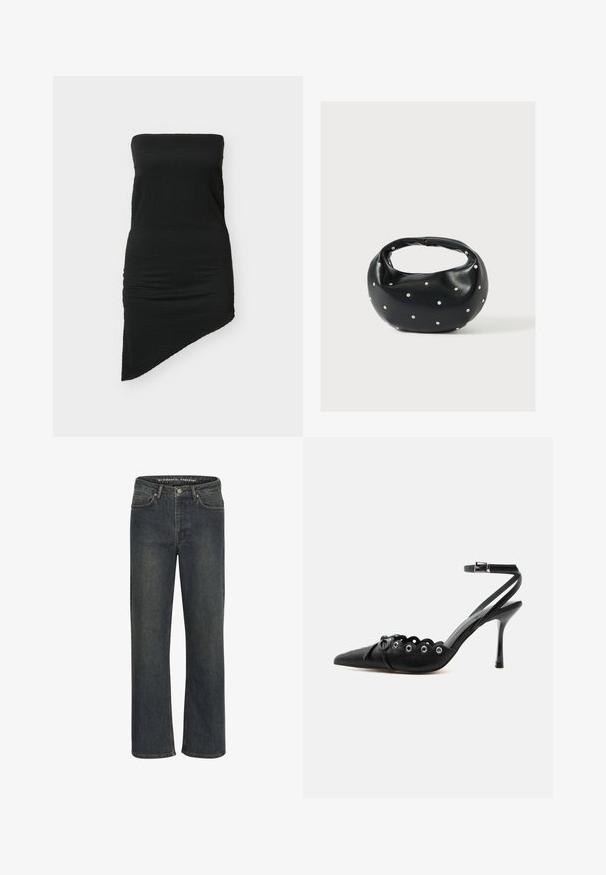 Sort stropløs minikjole med tekstureret stof og asymmetrisk kant, figursyet silhuet.; Mørkeblå lige ben jeans lavet af denimstof, med medium talje, fem-lomme design og diskret syning langs sømmene.; Sort spids hæl med bølgede kanter, metaløjer, snørelukning foran og ankelrem med spænde.; Sort læderhåndtaske med en rundet form, dekoreret med sølvnitter, og et kort håndtag. Glat tekstur og lynlåslukning.