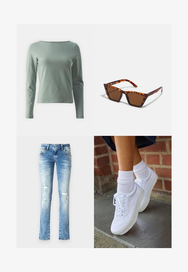 Langsleeve shirt in zacht, lichtgroen katoen, met een ronde halslijn en een getailleerde silhoutte met rechte zoom. Eenvoudige en gladde textuur.; Lichtblauwe denim jeans met een relaxte pasvorm, voorzien van versleten details, een knopenfly met twee knopen en rechte pijpen.; Witte canvas sneakers met rubberen zolen, voorzien van zes vetertjes, een ronde neus en lichte stikdetails, gecombineerd met witte enkelsokken.; Bruin getinte zonnebril met een schildpadmotief, hoekig montuur en slanke armen. Lichtgewicht kunststof materiaal.