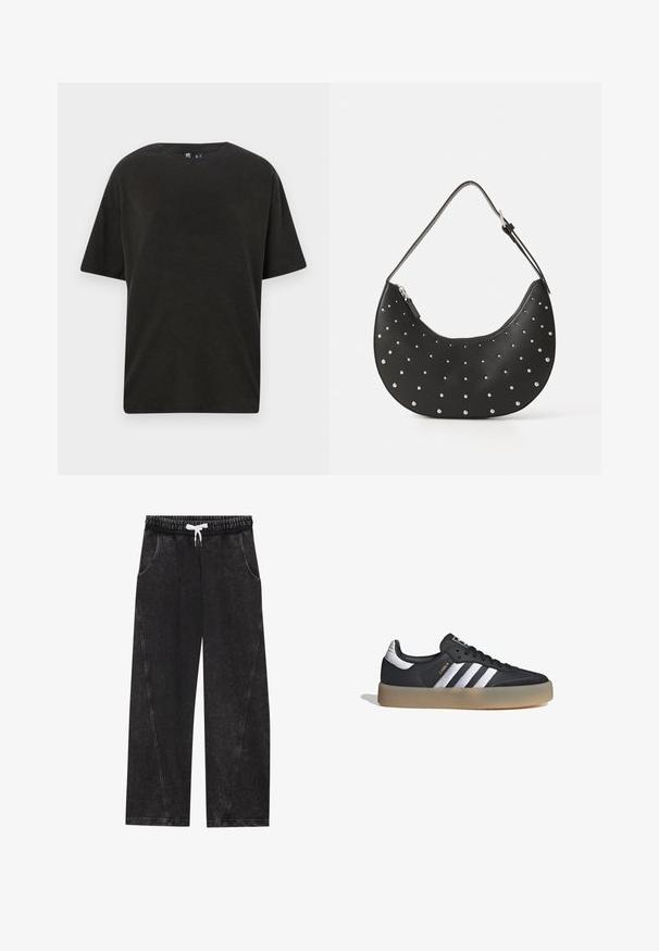 Camiseta de algodón negra con cuello redondo, mangas cortas y un corte relajado. Presenta una textura suave y un diseño minimalista.; Pantalones anchos y negros hechos de una tela texturizada. Presentan una cinturilla elástica con un cordón blanco y bolsillos frontales con costuras diagonales.; Zapatilla deportiva de cuero negro con tres rayas plateadas, punta texturizada y suela de goma. Cuenta con un collar acolchado y un diseño con cordones.; Bolso de mano de cuero negro con forma curva, adornado con tachuelas plateadas, cuenta con cierre de cremallera y una sola correa ajustable.