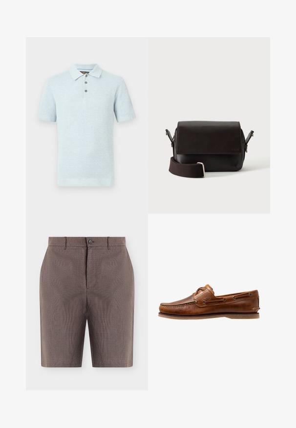 Lichtblauw gebreid poloshirt met korte mouwen, drie knopen en een klassieke kraag op een effen achtergrond.; Bruine op maat gemaakte herenshorts met een knoop aan de voorkant, rits, riemlussen en zijzakken, weergegeven op een effen witte achtergrond.; Brown leren botenschoen met gestikte accenten, voorzien van metalen oogjes, een verhoogde naad op de neus en een platte rubberen zool.; Donkerbruine leren schoudertas met klepsluiting en verstelbare stoffen riem op witte achtergrond.