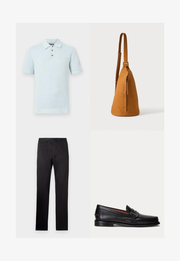 Lyseblå kortærmet strikket polo med tre knapper og klassisk krave på ensfarvet baggrund.; Sorte bukser med elastisk talje og snor. Har en glat tekstur og lige ben-design. Minimalistisk stil uden mønstre.; Sort læderloafer med lav hæl og pennyremdetalje, vist fra siden på en lysegrå baggrund.; Tan læder crossbodytaske med justerbar rem og lodret lynlåslomme, vist fra siden mod en ensfarvet lys baggrund.