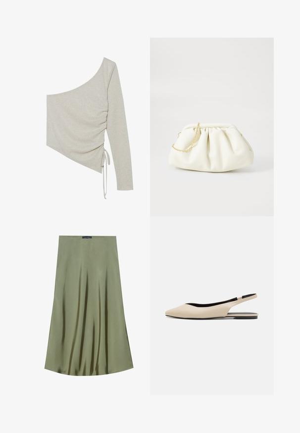 Asymmetrisches Ein-Schulter-Oberteil in hellem Beige mit schimmernder Textur. Verfügt über seitliche Raffung und einstellbares Bindedetail am Saum.; Olivgrüßer Midirock aus glattem Stoff, mit einem fließenden Design und subtiler Schimmer, mit geradem Taillenbund.; Beige Leder Slingback-Ballerinas mit spitzem Zeh, minimalistischem Design, glatter Textur und einer niedrigen schwarzen Sohle.; Weiße Lederhandtasche mit einem gerafften Design, ausgestattet mit einem goldenen Kettenriemen und einer runden Form. Glatte Textur mit sanften Falten und ohne Muster.