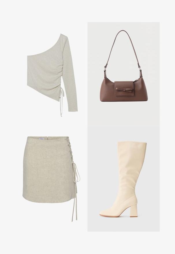 Asymmetrische top met één schouder in lichtbeige met een glanzende textuur. Kenmerken zijn zijfronsing en een verstelbaar strikdetail aan de onderkant.; Beige linnen wikkelrok met een lacing-detail aan de linkerzijde, een rechte snit en een ritssluiting aan de achterkant. Soepele, gestructureerde stof.; Crèmekleurige kniehoge laars met blokhak en een gladde afwerking, weergegeven in zijprofiel op een effen achtergrond.; Bruine leren schoudertas met een voorvak met klep en een gestikte strikdetail en een verstelbare band.