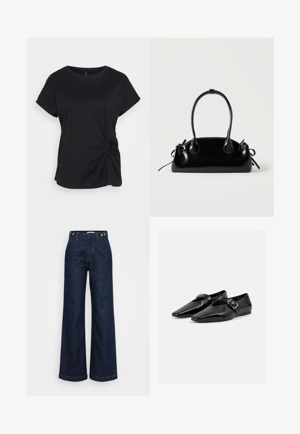 T-shirt noir en coton, avec un col rond, des manches courtes et un détail tordu sur le côté gauche. Texture lisse.; Jeans évasés taille haute bleu foncé avec des réglages à boutons sur la ceinture, poches avant et fermeture à glissière.; Paire de chaussures plates en cuir verni noir à bouts pointus avec une bride à boucle sur le dessus, montrée sur un fond clair uni.; Petit sac à main noir brillant avec deux longues anses et des détails à cordon sur les côtés sur un fond clair uni.