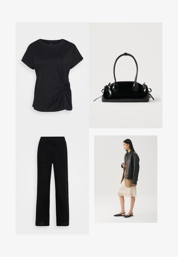T-shirt noir en coton, avec un col rond, des manches courtes et un détail tordu sur le côté gauche. Texture lisse.; Pantalons larges en lin noir avec une taille élastique et un cordon de serrage. Texture lisse, tissu respirant et design à longueur complète.; Veste en cuir noir portée sur un haut marron, associée à une robe légère crème à bretelles avec bordure en dentelle et des chaussures slingback noires.; Petit sac à main noir brillant avec deux longues anses et des détails à cordon sur les côtés sur un fond clair uni.