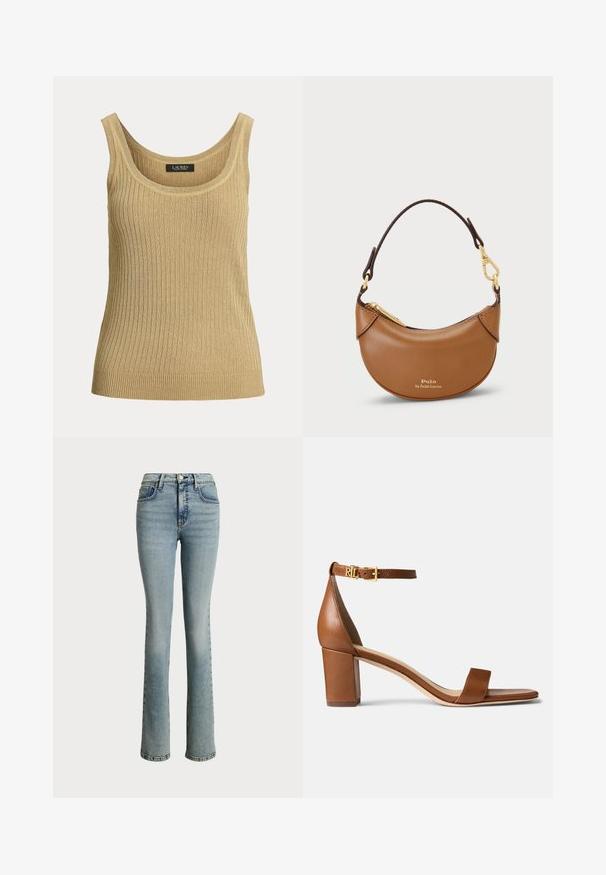 Lauren Ralph Lauren Rib Knit Linen Blend Sweater Tank Top - Top - camel; Jeans de mezclilla azul claro con cintura ajustada, diseño de pierna recta y un sutil desgaste. Cuenta con bolsillos frontales y un cierre de botón clásico.; Lauren Ralph Lauren LOGAN BURNISHED LEATHER SANDAL - Sandalias - deep saddle tan; Bolso de mano de cuero marrón con un diseño curvado, herrajes dorados y una correa corta. Presenta un cierre de cremallera y un logo de la marca en relieve.
