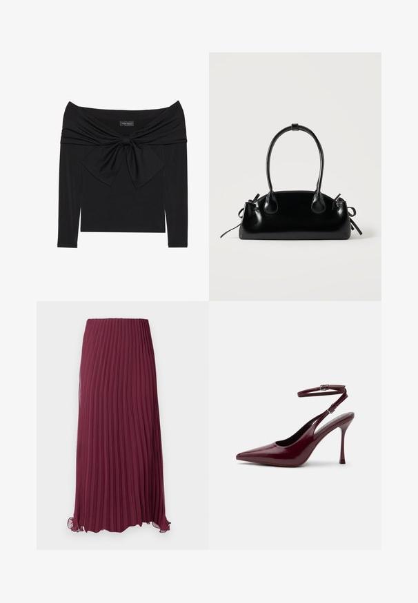 Sort langærmet top med en off-shoulder halsudskæring, snoet stofdesign ved brystet og en stor sløjfedetail foran.; Lang burgunderfarvet plisseret nederdel lavet af letvægtsstof med elastisk talje og en let flæset kant. Teksturerede lodrette plisseringer overalt.; Blank bordeaux spids tå højhælet sko med ankelrem og spænde, tynd stilet hæl, sidevisning på ensfarvet baggrund.; Lille sort blank håndtaske med to lange håndtag og snøre-detaljer i siden på en ensfarvet lys baggrund.