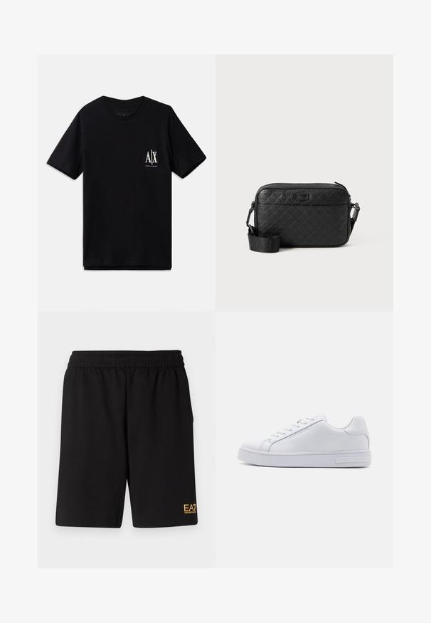 T-shirt noir à manches courtes en coton, avec un petit logo blanc sur la poitrine gauche. Design simple avec encolure ras du cou, texture lisse.; Shorts de sport noirs en tissu doux, avec une taille élastique et un petit logo jaune EA7 sur le bas de la jambe gauche.; Baskets en cuir blanc avec une texture lisse, bout rond, lacets à l'avant et semelle en caoutchouc plate. Présente un logo en relief au niveau du talon.; Sac bandoulière noir texturé avec motif géométrique en relief et bandoulière réglable avec logo de la marque.