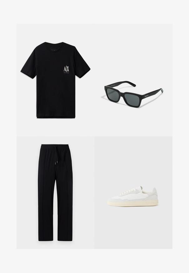 Schwarzes T-Shirt mit kurzen Ärmeln aus Baumwolle, ausgestattet mit einem kleinen weißen Logo auf der linken Brust. Einfaches Rundhalsausschnitt-Design, glatte Textur.; Schwarze, leichte Hosen mit einem elastischen Bund und Kordelzug, ausgestattet mit zwei vorderen Falten und geradem Bein. Glatte Textur.; Weißer Sneaker mit strukturiertem Obermaterial aus Wildleder und Leder. Verfügt über eine runde Zehenpartie, Schnürverschluss und eine kontrastierende beige Gummisohle.; Schwarze Sonnenbrille mit rechteckiger Form, mattem Finish und dunklen Gläsern. Besitzt eine schlichte Markenkennzeichnung an den Bügeln.