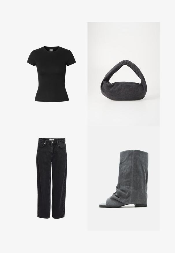Schwarzes tailliertes Damen-T-Shirt mit kurzen Ärmeln, Rundhalsausschnitt und Urban Classics Label innen am Kragen.; Schwarze Denim-Jeans mit weitem Bein und hoher Taille, fünf Taschen und Reißverschluss. Glatte Textur mit minimal sichtbaren Nähdetails.; Weicher, grauer, lässiger Stiefel bis zur Mitte der Wadenhöhe mit offenem Zehenbereich und niedrigem Blockabsatz, gefertigt aus strukturiertem Stoff.; Dunkelgraue Stofftasche mit einem gebogenen Griff, weicher Textur und runder Form. Keine sichtbaren Beschläge oder Verzierungen.