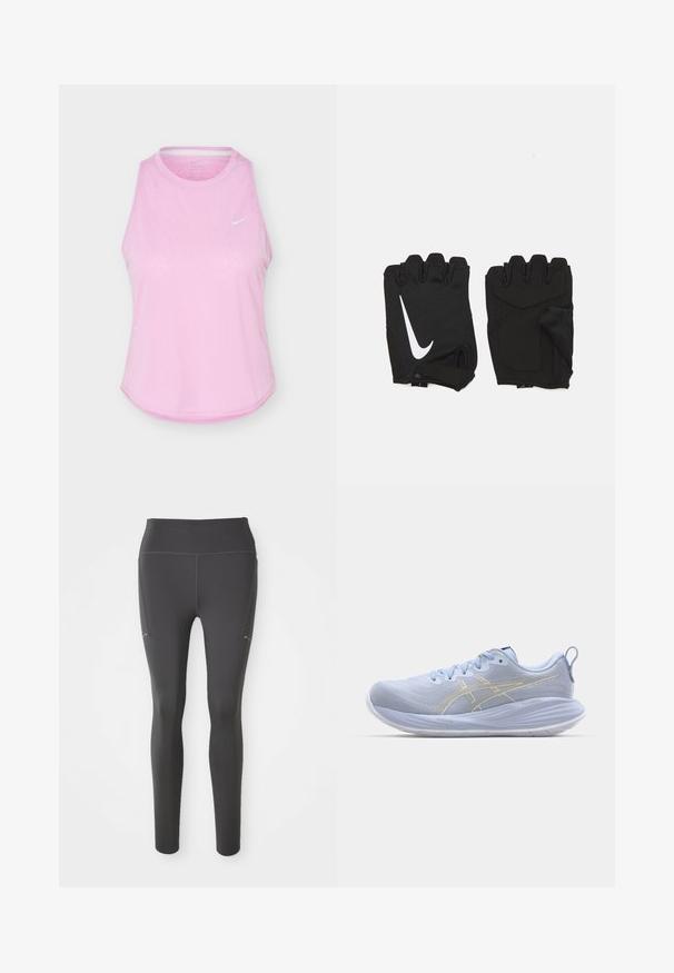 Camiseta deportiva sin mangas de color rosa claro con escote redondo y pequeño logo blanco de Nike Swoosh en el pecho.; Leggings negros con una cinturilla alta, textura suave y ajuste ceñido. Presentan bolsillos laterales y detalles de costura en contraste.; Zapatillas deportivas de color azul claro con parte superior texturizada, suela blanca y rayas doradas. Incluyen cordones y una pestaña de agarre en la parte trasera.; Guantes de gimnasio sin dedos en color negro, hechos de un tejido transpirable, con un logo de Nike blanco, palmas acolchadas y un diseño de muñeca abierta para mayor flexibilidad.
