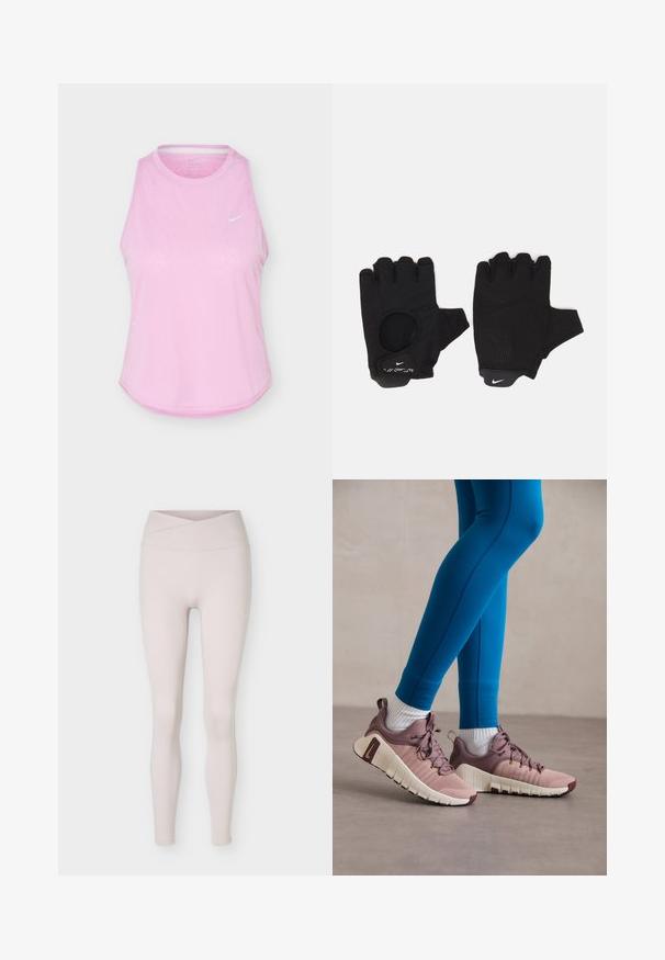 Lyserød ærmeløs atletik-top med rund halsudskæring og lille hvid Nike Swoosh-logo på brystet.; Lyse beige, sømløse leggings med høj talje og et krydset taljebåndsdetalje, vist fladt mod en hvid baggrund.; Diverse sko i lyserød og beige med teksturerede sidelapper, brune detaljer og fleksible såler. Bæres sammen med blå leggings og hvide sokker.; Sorte fingerløse handsker med et tekstureret design. Lavet af et åndbart materiale, med en tommelfingeråbning og forstærket håndflade for bedre greb.