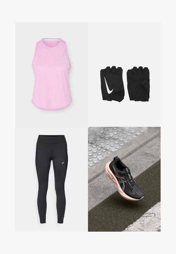 Débardeur de sport rose clair sans manches avec encolure ronde et petit logo blanc Nike Swoosh sur la poitrine.; ASICS CORE WINTER - Collants hiver - performance black; Bottines de course noires avec un dessus en maille texturée, semelle rose et accents réfléchissants. Elles disposent de lacets plats et d'un col rembourré.; Gants de gym sans doigts noirs en tissu respirant, avec un logo blanc Nike, des paumes rembourrées et un design ouvert au niveau du poignet pour plus de flexibilité.