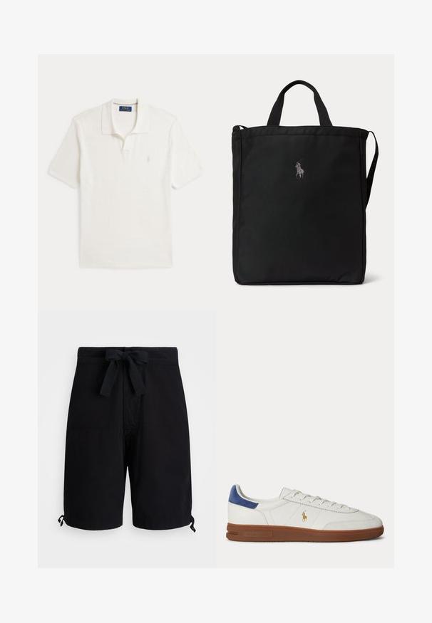 Weißes Poloshirt mit kurzen Ärmeln, Kragen und kleinem besticktem Logo auf der linken Brust, Markenetikett innen im Kragen.; Schwarze Badehose aus leichtem Stoff, mit einem Kordelzug an der Taille und verstellbaren Toggle-Details an den Säumen.; Weißer Low-Top Sneaker mit brauner Sohle, blauem Fersenlasche, Schnürsenkeln und goldenem Polo Ralph Lauren Logo an der Seite.; Schwarze rechteckige Tote-Tasche mit kurzen Griffen, einem langen Schulterriemen an der Seite und einem kleinen bestickten Polo-Spieler-Logo in der vorderen Mitte.