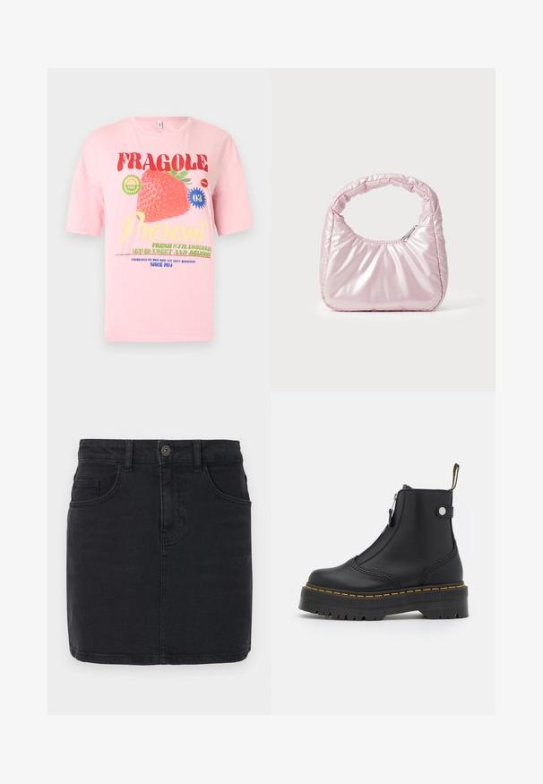 Rosa kurzärmeliges T-Shirt aus Baumwolle, mit einer Erdbeergrafik und Text in verschiedenen Farben: Rot, Grün, Gelb und Blau.; Schwarzer Denimrock mit figurbetontem Schnitt, Fünf-Taschen-Stil und einer vorderen Knopfleiste. Verfügt über dezente Nähte und einen geraden Saum.; Schwarze Knöchelboots aus glattem Leder, ausgestattet mit einem seitlichen Reißverschluss, gelben Nähten und einer dicken, geriffelten Gummisohle.; Rosa, gepolsterte Handtasche mit abgerundeter Form, aus glänzendem Material gefertigt. Verfügt über einen gerafften Griff und einen Reißverschluss für sicheren Zugang.