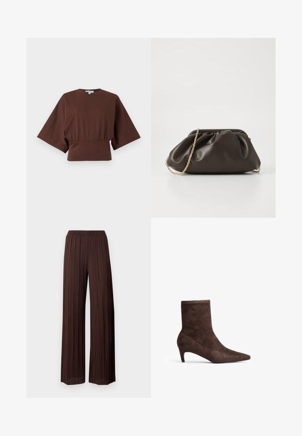 Bruin cropped top met brede ellebooglange mouwen en een gerimpelde taille, getoond tegen een effen lichte achtergrond.; Bruine broek met wijde pijpen, verticale plooien en een elastische tailleband, getoond op een effen witte achtergrond.; Bruine suède enkelboot met een spitse neus en slanke hak. Heeft een zachte textuur en een hoge schachtontwerp.; Bruine leren handtas met een geaccentueerd ontwerp, gouden kettinghengsel en een zachte, textuurafwerking. Compacte vorm geschikt voor avondgebruik.