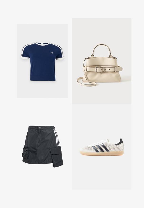 Námornícka modrá košeľa s krátkym rukávom, bielym lemovaním na golieri a rukávoch, bielymi pásikmi na pleciach a malým bielym logom Adidas na hrudi.; Čierna, ľahká sukňa vyrobená z nylónu s predným zapínaním na gombíky, bočnými vreckami a bielymi prúžkami po stranách.; Biele sieťované tenisky s čiernym dizajnom troch pruhov, zaoblenou špičkou a gumovou podrážkou. Majú mäkký opätkový golier a šnurovanie.; Krémová kožená kabelka s horným uchom, nastaviteľným ramenným popruhom a širokým pásom so striebornou prackou vpredu.