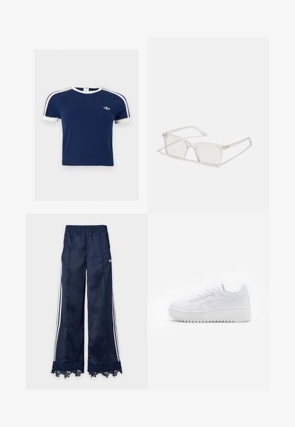 Marineblauw T-shirt met korte mouwen, wit biesje aan de kraag en mouwen, witte strepen op de schouders en een klein wit Adidas-logo op de borst.; Marineblauwe trainingsbroek met wijde pijpen, witte zijstrepen, elastische tailleband, adidas-logo op de heup en kantafwerking aan de zoom.; Witte platform sneakers met een gladde leertextuur, geperforeerde details en platte veters; voorzien van een dikke witte rubberen zool.; Heldere plastic vierkante monturen met doorzichtige glazen, gekenmerkt door gouden accenten op de slapen voor extra detail.