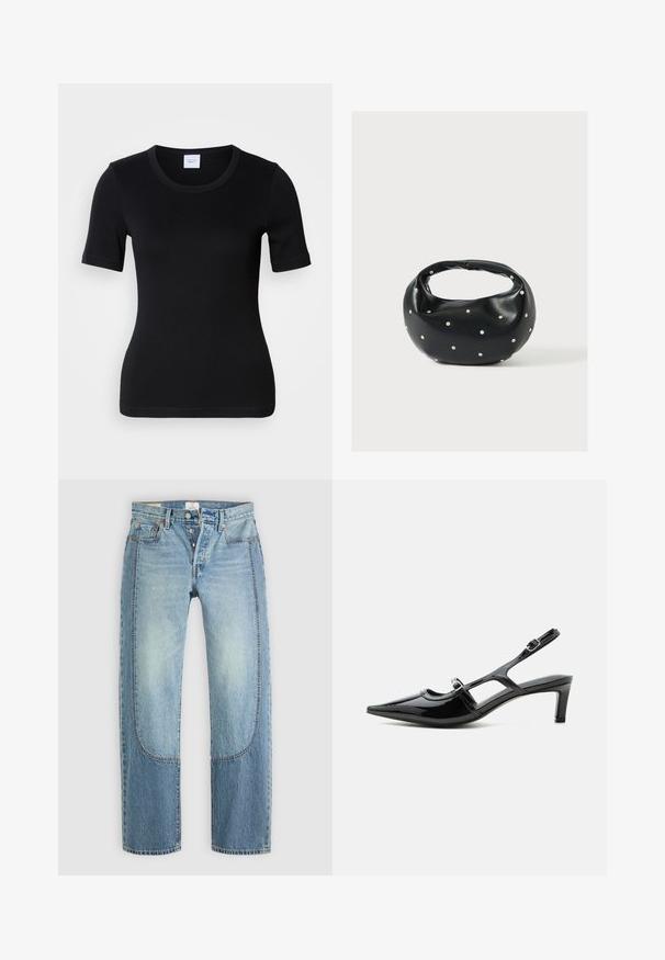 Zwart T-shirt met korte mouwen gemaakt van zacht katoen. Heeft een ronde halslijn en een slanke pasvorm met minimale stiksel details.; Lichtblauwe denim jeans met een rechte, losse pasvorm, voorzien van contrasterende paneeldetails en een vijf-pocket ontwerp. Knopen vloogsluiting.; Zwarte lakleren slingback schoen met een spits toelopende neus, lage hak en twee verstelbare gespen, zijaanzicht.; Zwarte leren handtas met een afgeronde vorm, versierd met zilveren studs, en een korte handgreep. Gladde textuur en ritsluiting.