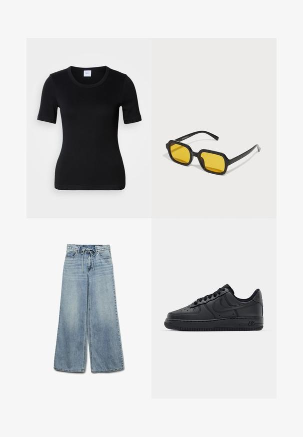 Camiseta negra de manga corta hecha de algodón suave. Presenta un cuello redondo y un ajuste ceñido con detalles mínimos de costura.; Jeans de pierna ancha de color azul claro, hechos de denim, con cintura elástica y cordón, que cuentan con bolsillos frontales y una textura deslavada.; Zapatillas de cuero negro con caja de dedos perforada, cordones planos y suela de goma. Presenta un pequeño logo en el costado y un detalle texturizado.; Gafas de sol negras rectangulares con lentes amarillos. Presentan montura gruesa y un diseño angular con un acabado liso y brillante.