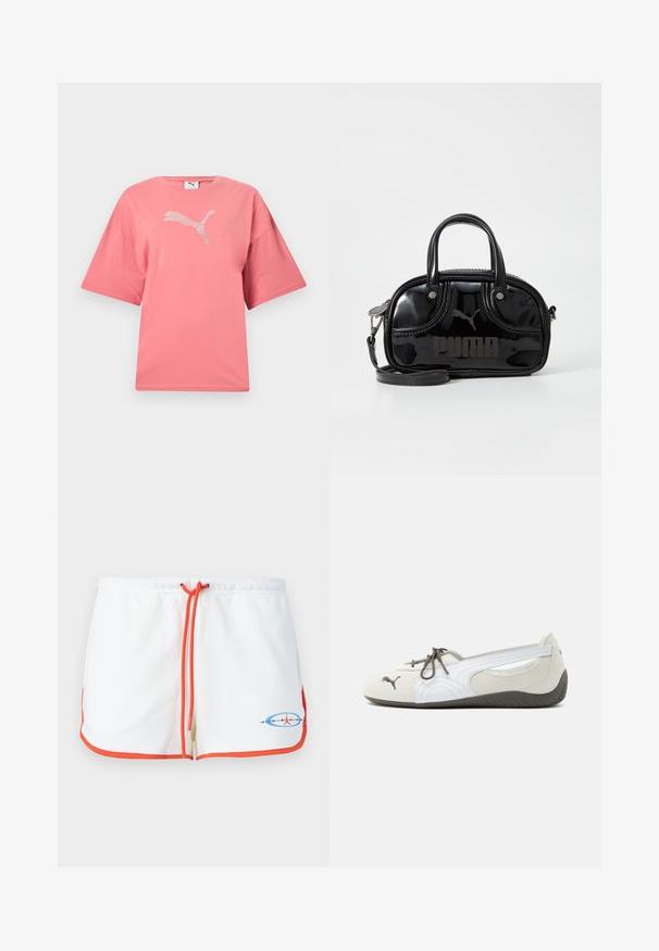 Pink T-shirt med korte ærmer, rund halsudskæring og et hvidt priklet Puma-logo centreret på brystet.; Hvide shorts med orange snor og kant. Har et grafisk logo i blå og rød. Blødt stof med et afslappet design.; Hvid og grå slip-on sneaker med brune snørebånd, Puma-logo foran og tekstureret mørk sål, vist i sideprofil på hvid baggrund.; Sort lakeret håndtaske med dobbelte top-håndtag, aftagelig skulderrem, rund form og et fremtrædende præget "PUMA"-logo.