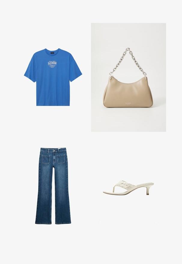 Blauwe katoenen t-shirt met korte mouwen. Heeft een witte grafische tekstprint met de tekst "San Diego, Californië" gecentreerd op de borst.; Blauwe denim flared jeans met een middelhoge taille, sluiting met een knoop en rits aan de voorkant, vijf zakken en gestikt detail op de naden.; Witte open-teen sandaal met hak en teenslipperriem versierd met ronde versieringen en een slanke hak van gemiddelde hoogte.; Beige leren handtas met een gebogen vorm en zilveren kettinghandgreep, met subtiele stiksels en een logo in kleine letters op de voorkant.