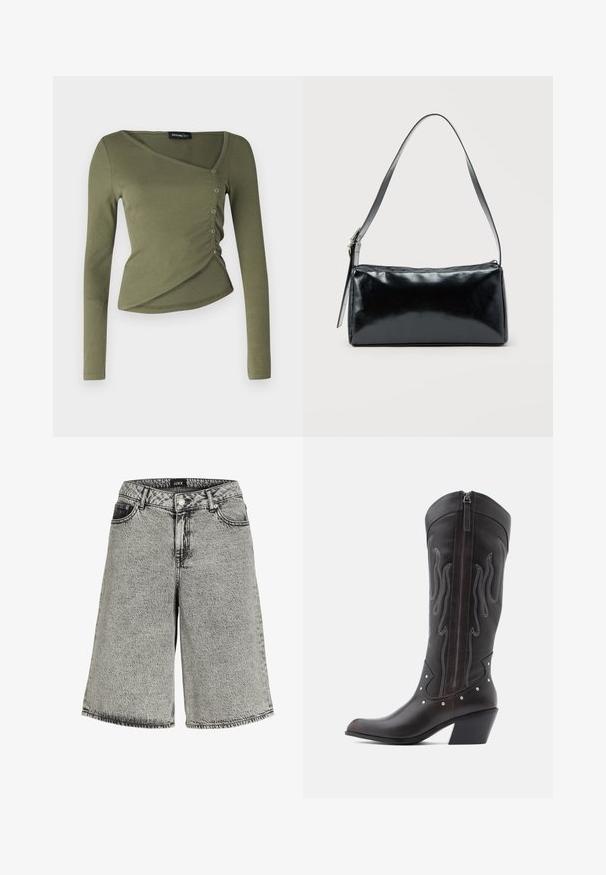 Langærmet, olivengrøn top i ribbet stof. Har et draperet design med V-hals og sidelukninger langs den overlappende kant.; Denimshorts i falmet sort med løs pasform, der har høj talje, fem-lomme design og synlige syninger.; Brune læder cowboystøvler med flammebroderi, sidelukning med lynlås, sølvnitter, spids snude og lagdelt hæl.; Sort rektangulær skuldertaske med en enkelt justerbar rem og lynlås i toppen på en ensfarvet baggrund.
