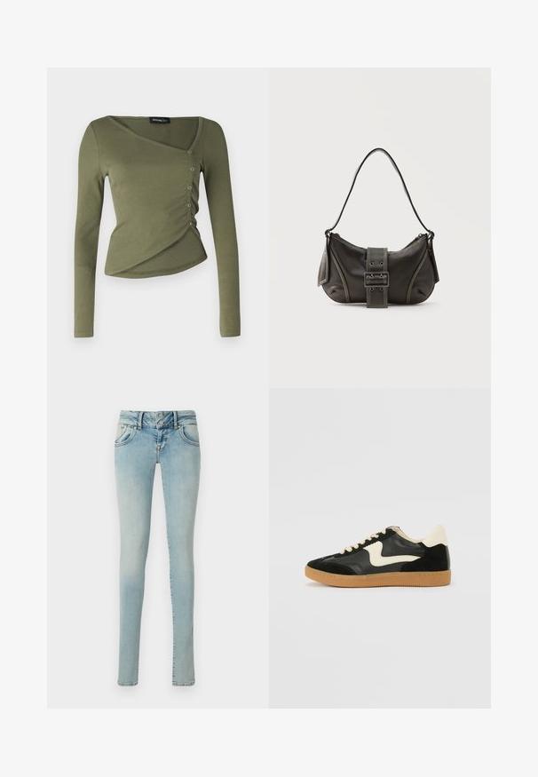 Langærmet, olivengrøn top i ribbet stof. Har et draperet design med V-hals og sidelukninger langs den overlappende kant.; Lyseblå skinny jeans med klassisk fem-lomme design, knaplukning og en falmet denimstruktur med let farvevariation.; Sorte ruskinds- og lædersneakers med en cremefarvet side-swoosh og lys cremefarvet hæl. Har beige snørebånd og en gummirubber-sål.; Sort læder skuldertaske med spænde på remmen, afrundede kanter og kontrasterende hvide syninger på en ensfarvet baggrund.