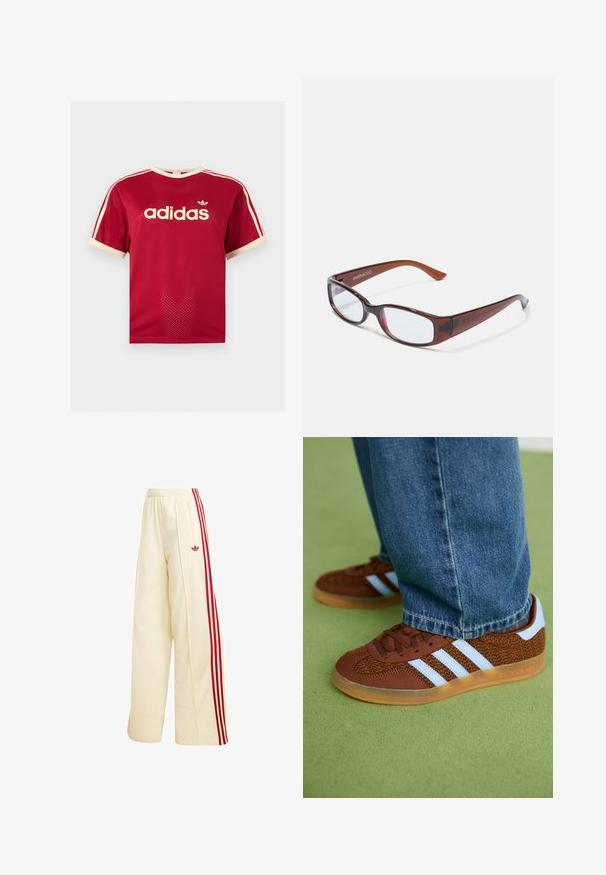 Rotes Adidas Mesh-T-Shirt mit beigem Besatz am Kragen, an den Ärmeln und den drei Streifen auf den Schultern, mit Adidas-Logo und Schriftzug auf der Vorderseite.; Cremefarbene weite Trainingshose mit roten Seitenstreifen, elastischem Bund, Reißverschlusstasche und rotem Adidas-Logo am Oberschenkel.; Braune Adidas-Sneaker mit weißen Streifen und Gummisohlen, getragen mit blauen Jeans auf grünem Teppich.; Braun getönte rechteckige Brille mit glänzender Oberfläche, schlanken Bügeln und transparenten Gläsern. Logo auf dem linken Bügel sichtbar.