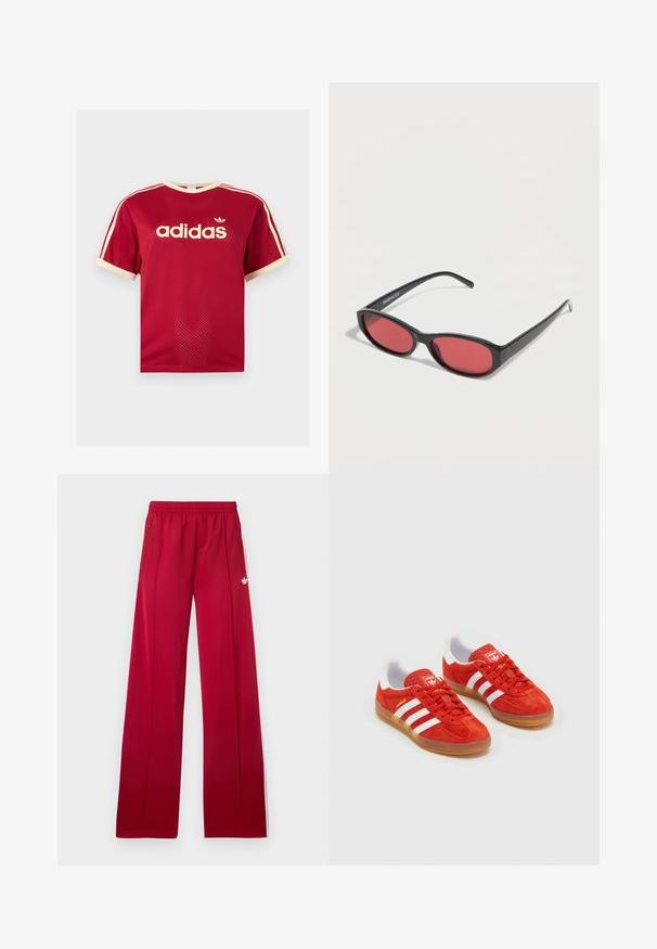 Rotes Adidas Mesh-T-Shirt mit beigem Besatz am Kragen, an den Ärmeln und den drei Streifen auf den Schultern, mit Adidas-Logo und Schriftzug auf der Vorderseite.; Rote weite Jogginghosen mit elastischem Bund, seitlichen Reißverschlusstaschen, weißen Streifen an den Seiten und kleinem weißem Logo am linken Oberschenkel.; Rote Wildleder-Sneaker mit weißen Streifen, Gummi-Sohle, gepolstertem Kragen und Logo auf der Zunge. Klassisches Design mit strukturiertem Obermaterial.; Schwarze ovale Sonnenbrille mit schlanken Bügeln und rot getönten Gläsern, die auf einer weißen Oberfläche liegt.
