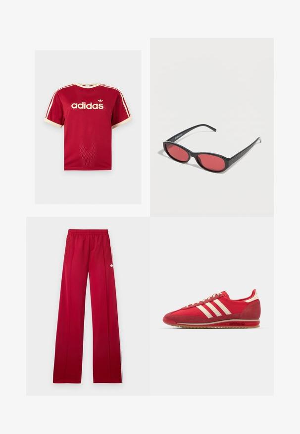 Rød Adidas mesh t-shirt med beige kant på krave, ærmer og de tre striber på skuldrene, med Adidas-logo og tekst på fronten.; Røde trackbukser med brede ben, elastik i taljen, sidelommer med lynlås, hvide striber på siderne og lille hvidt logo på venstre låret.; Rød atletisk sneakers med en tekstureret overdel, tre hvide striber, rund tå og gummisål med logodetaljer på siden.; Sorte ovale solbriller med tynde arme og rødtonede linser, der ligger på en hvid overflade.