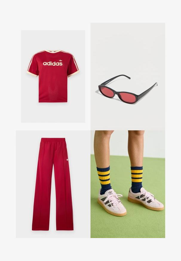 Rood Adidas mesh t-shirt met beige bies aan de kraag, mouwen en de drie strepen op de schouders, met Adidas-logo en tekst op de voorkant.; Rode trainingsbroek met wijd uitlopende pijpen, elastische tailleband, zijzakken met rits, witte strepen aan de zijkanten en een klein wit logo op de linker dij.; Lichtroze suède sneakers met zwarte strepen en rubberen gummizolen, gecombineerd met marineblauwe en gele gestreepte rib sokken. Groene gestructureerde vloer.; Zwarte ovale zonnebril met slanke pootjes en rood getinte glazen, rustend op een witte ondergrond.