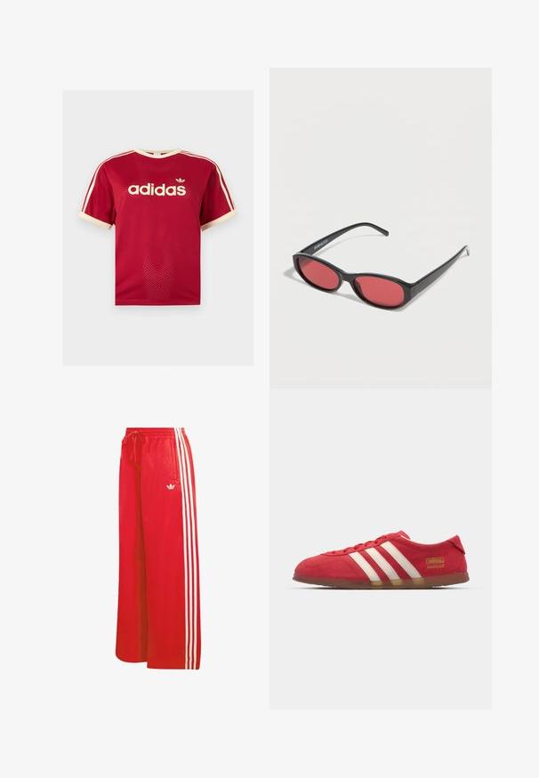 Κόκκινο διαπνέον μπλουζάκι Adidas με μπεζ φινίρισμα σε γιακά, μανίκια και τρεις ρίγες στους ώμους, με το λογότυπο της Adidas και κείμενο στο μπροστινό μέρος.; Κόκκινο αθλητικό παντελόνι από ελαφρύ υλικό, με φαρδιά γραμμή, ελαστική μέση, κορδόνι και τρεις λευκές ρίγες σε κάθε πλευρά.; Κόκκινα σουέτ αθλητικά παπούτσια με λευκό σχέδιο τριών γραμμών, επίπεδη σόλα και χρυσό λογότυπο. Χαμηλή κοπή με στρογγυλή μύτη και κλείσιμο με κορδόνια.; Μαύρα οβάλ γυαλιά ηλίου με λεπτούς βραχίονες και κόκκινα φακούς, τοποθετημένα πάνω σε λευκή επιφάνεια.