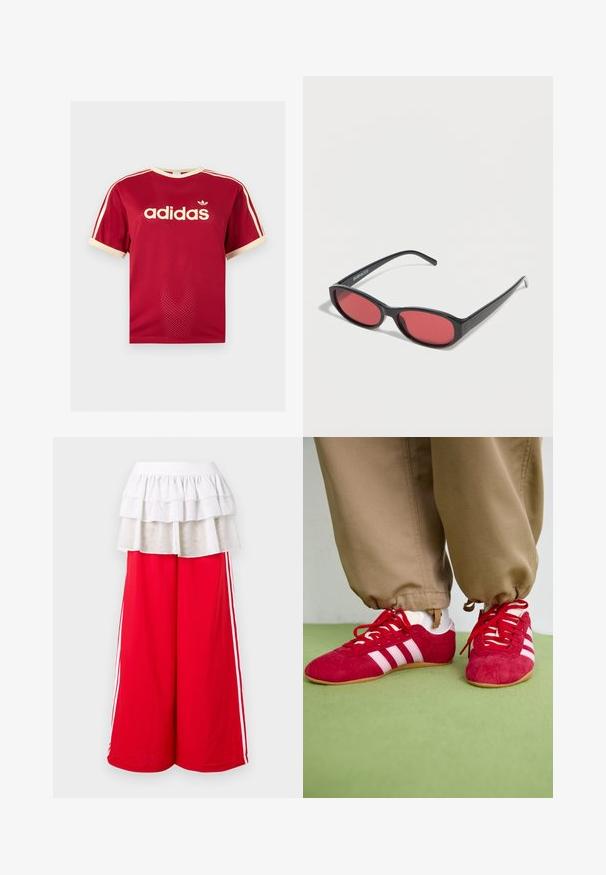 Rood Adidas mesh t-shirt met beige bies aan de kraag, mouwen en de drie strepen op de schouders, met Adidas-logo en tekst op de voorkant.; Rode wijde broekspijpen met witte zijstrepen, afgewerkt met een gelaagde witte ruches overlay. Elastische tailleband voor comfort. Zachte stoftextuur.; Rode suède sportschoenen met witte strepen, vlakke rubberen zool en rode veters. Draag met beige broeken, gepositioneerd op een groene ondergrond.; Zwarte ovale zonnebril met slanke pootjes en rood getinte glazen, rustend op een witte ondergrond.
