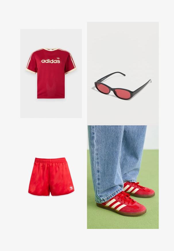 Červené sieťované tričko Adidas s béžovým lemovaním na golieri, rukávoch a troch pruhmi na pleciach, s logom Adidas a textom na prednej strane.; Červené športové šortky s elastickým pásom, biely lem na spodnom okraji a jemným leskom. Obsahujú logo Adidas v bielej farbe na dolnej ľavej strane.; Červené semišové tenisky s tromi bielymi pruhmi, okrúhlou špičkou a textúrovanou podrážkou, v kombinácii s svetlomodrými džínsami na zelenom pozadí.; Čierne oválne slnečné okuliare s tenkými ramenami a červenými tónovanými šošovkami ležia na bielom povrchu.