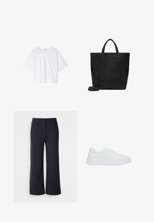 Witte cropped katoenen T-shirt met korte mouwen, ronde halslijn en een losse pasvorm, getoond op een effen witte achtergrond.; Wijd-zittende broek in donkerblauwe stof. Heeft een vlakke voorkant, riemlussen en zijzakken. Het materiaal is glad met een lichte stretch.; Witte leren sneakers met een ronde neus, platte veters en een dikke rubberen zool. Gladde textuur met minimale stikseldetails.; Zwarte leren tote bag met dubbele handvatten en een afneembare schouderriem die ernaast is opgerold, tegen een witte achtergrond.
