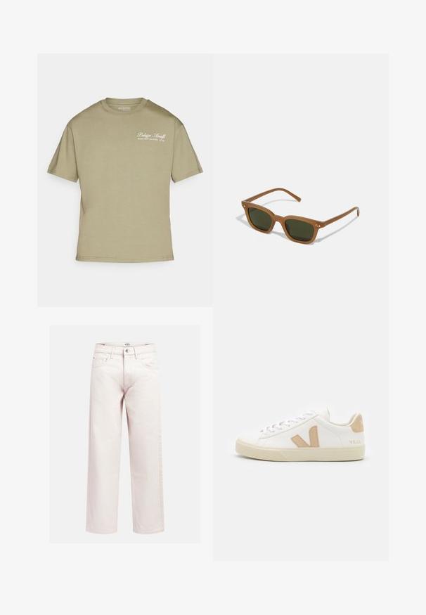 Khakifarbendes Baumwoll-T-Shirt mit Rundhals, kurzen Ärmeln und einem kleinen weißen Druckdesign auf der linken Brust. Saubere Linien, keine Muster.; Hellfarbene Jeans im weit geschnittenen Stil mit hoher Taille, Fünf-Taschen-Design und dezenten Nahtdetails. Hergestellt aus robustem Baumwollstoff.; Weiße Sneaker mit beigen Akzenten, aus glattem Leder, mit runder Zehenform, flacher Gummisohle und Schnürverschluss sowie einem Logo an der Ferse.; Braune Acetat-Sonnenbrille mit dunkelgrünen Linsen, rechteckiger Form und goldenen Akzenten an den Bügeln. Glatte Textur, minimalistisches Design.